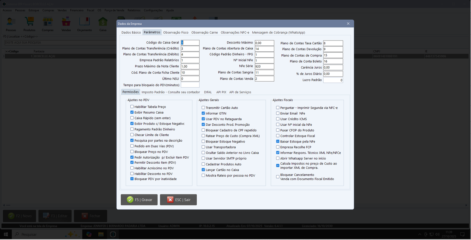 Parâmetros da Empresa